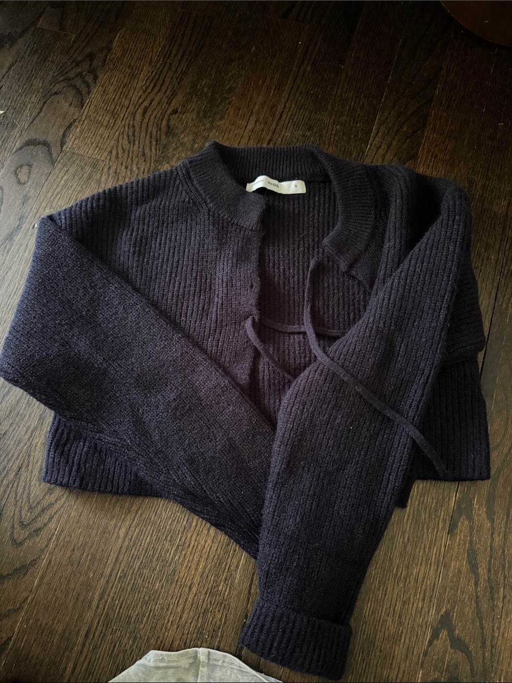 Cropped Rib-Knit Tie-Front Sweater Cardigan in Dark Navy cropped